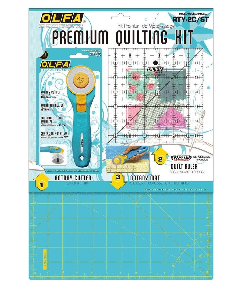 OLFA Premium Quilting Kit - Piano di Taglio Azzurro + Taglierina Rotante + Righello in pollici Olfa - 1