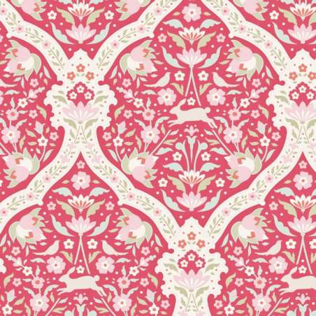 Tilda 110 Bon Voyage Hare Tile Red, Tessuto Lepri Uccelli e Fiori su Rosso Tilda Fabrics - 1