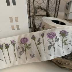 Nastro Originale Fatto a Telaio Colore Bianco con Fiori Viola Altezza 50 mm