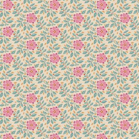 Tilda Windy Days Wendy Teal, Tessuto Panna con Fiori Rosa e Foglie Verde Acqua Tilda Fabrics - 1