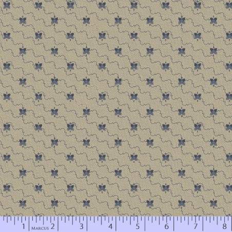 Marcus Fabrics Sideways, Tessuto Beige con Fiori Blu