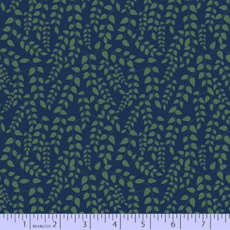 Marcus Fabrics Dance at Dusk, Tessuto Blu con Piccole Foglie Verde