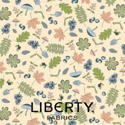 Woodland Walk Collection, Woodland Forage A, tessuto crema con motivi autunnali come foglie, funghi e bacche - Liberty Fabrics