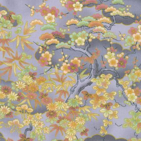 Imperial Collection Fog, Tessuto Grigio Viola con Fiori giapponesi oro - Robert Kaufman