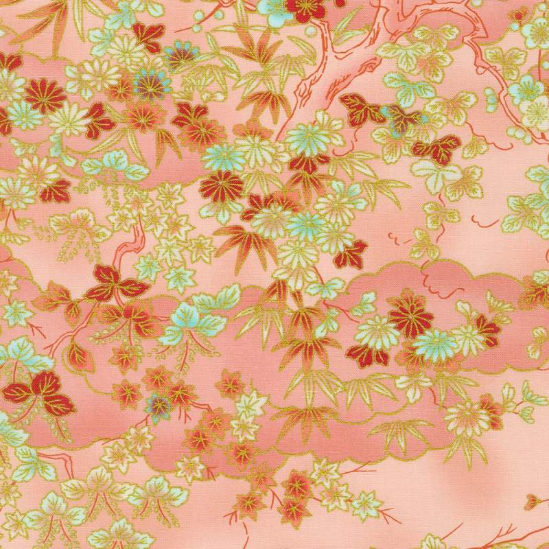 Imperial Collection Peach, Tessuto Rosa Pesca con Fiori giapponesi oro - Robert Kaufman Robert Kaufman - 1