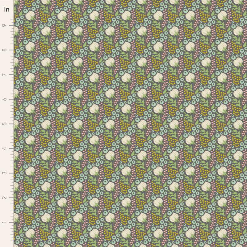 Tilda Sanctuary Cottonfield Greygreen, Tessuto Verde su Grigio con fiori di cotone Tilda Fabrics - 1