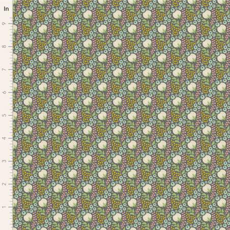 Tilda Sanctuary Cottonfield Greygreen, Tessuto Verde su Grigio con fiori di cotone Tilda Fabrics - 1