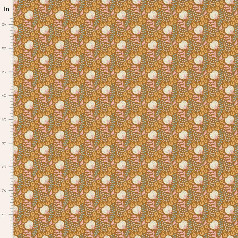 Tilda Sanctuary Cottonfield Ochre, Tessuto Ocra con fiori di cotone Tilda Fabrics - 1