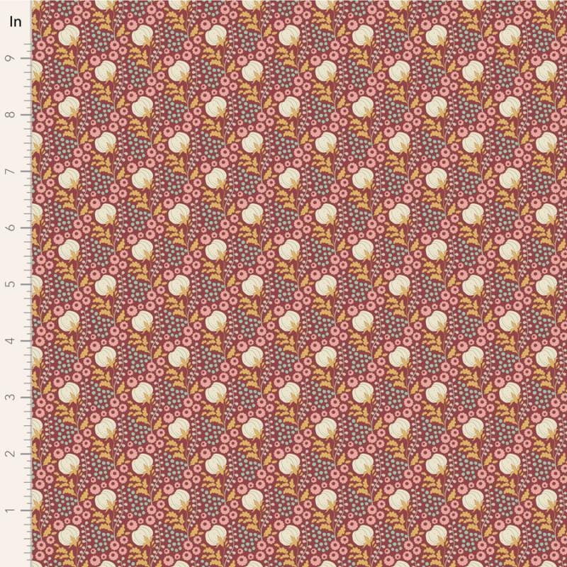 Tilda Sanctuary Cottonfield Maroon, Tessuto Rosso Bordeaux con fiori di cotone Tilda Fabrics - 1