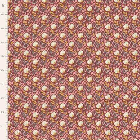 Tilda Sanctuary Cottonfield Maroon, Tessuto Rosso Bordeaux con fiori di cotone Tilda Fabrics - 1