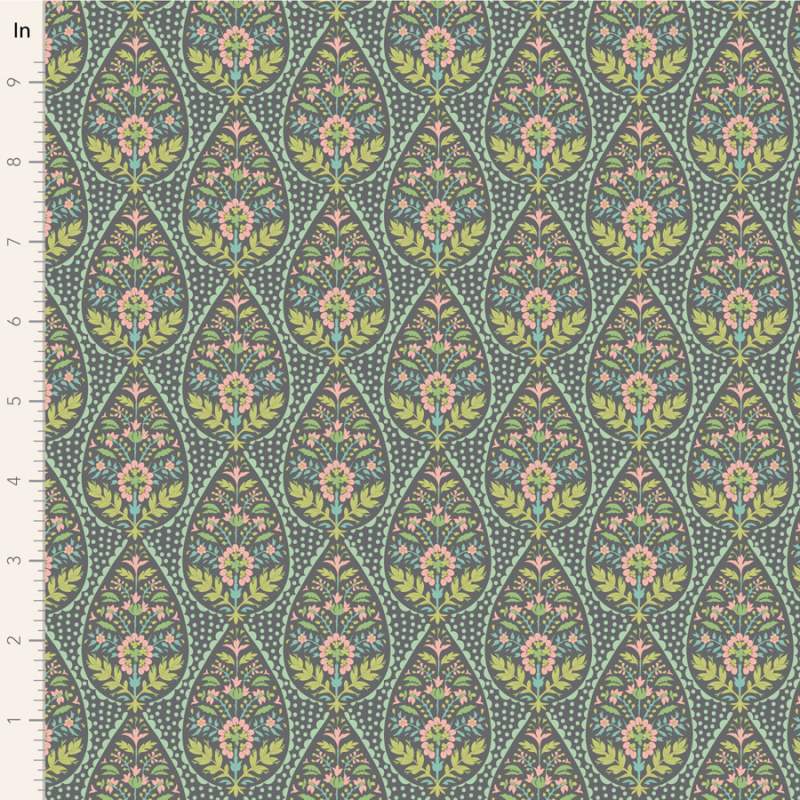 Tilda Sanctuary Adina Greygreen, Tessuto Verde su Grigio con pois e fiori Tilda Fabrics - 1