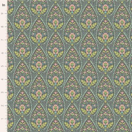 Tilda Sanctuary Adina Greygreen, Tessuto Verde su Grigio con pois e fiori Tilda Fabrics - 1