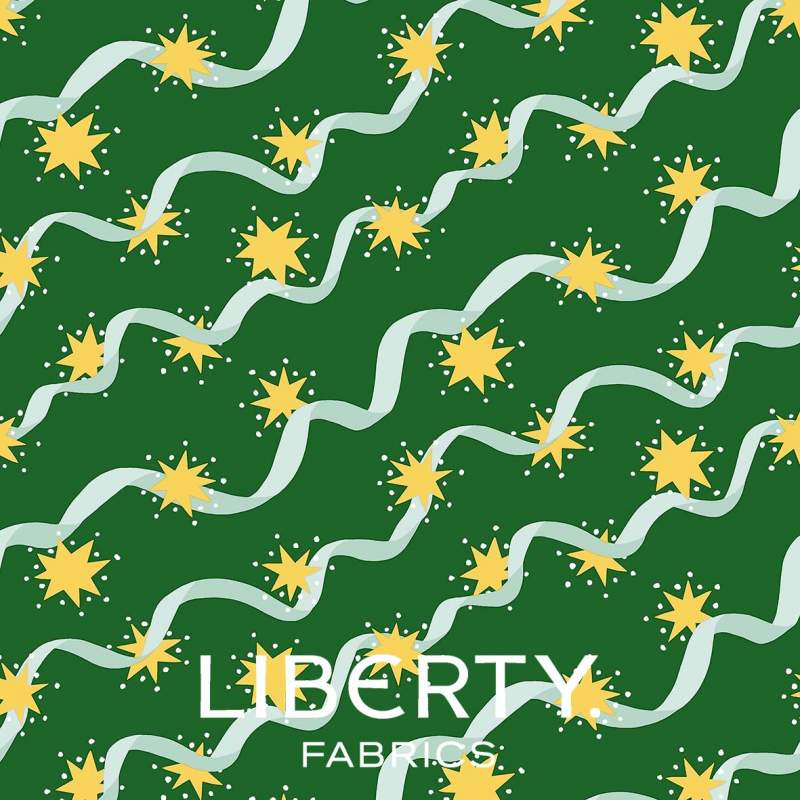 Festive Fair Stars and Ribbons, Tessuto Verde con Stelle e Nastri - Liberty Fabrics Liberty Fabrics - 1