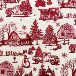 Tessuto natalizio con paesaggio country di natale in stile toile de jouy in rosso