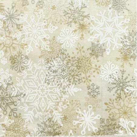 Tessuto crema con fiocchi di neve bianchi beige e argento