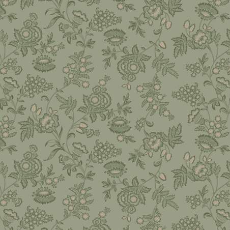 Cottage Linen 108 Vintage Floral, Tessuto Verde Salvia con disegni floreali stile vintage