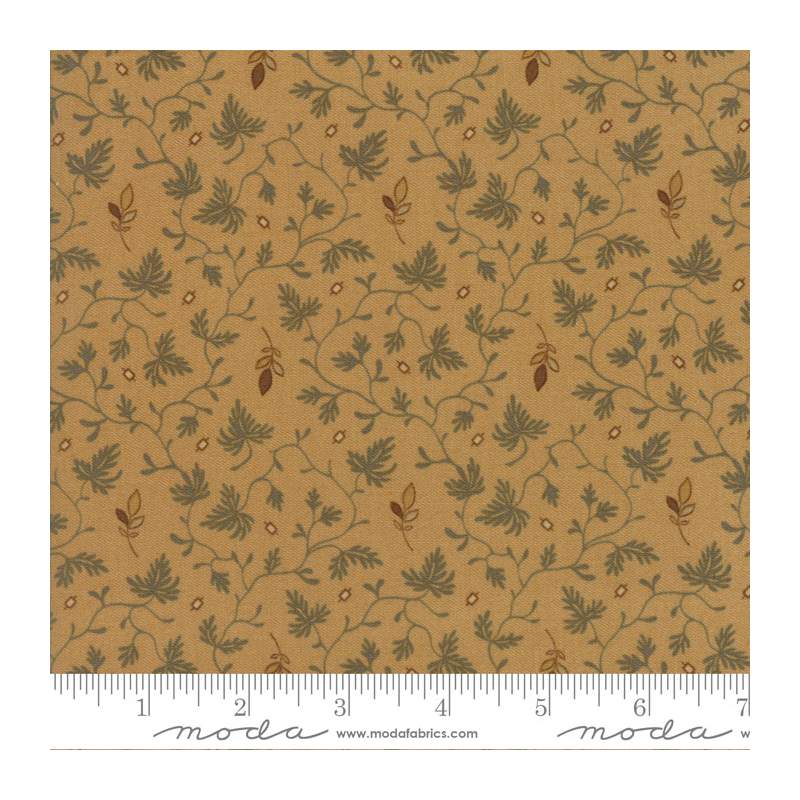 Moda Fabrics, Gratitude Parchment- Tessuto Fondo Giallo Bruciato con rametti di foglie verde salvia continui e rametti foglie Mo