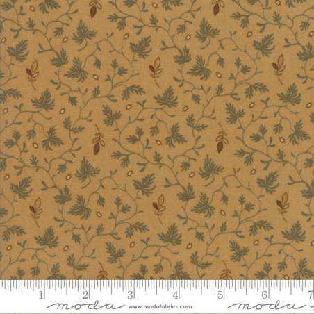 Moda Fabrics, Gratitude Parchment- Tessuto Fondo Giallo Bruciato con rametti di foglie verde salvia continui e rametti foglie