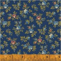 Windham Fabrics, Storytellers - essuto Fondo Blu e con mazzetti di fiori tra azzurro e coralo e foglie verde mostarda Windham Fa