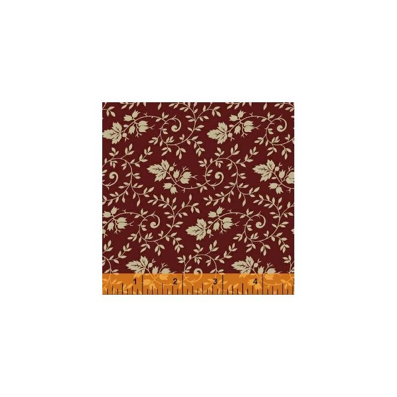 Storytellers Ivy Leaf Burgundy, Tessuto borgogna con foglie e swirl di rametti - Nancy Gere Windham Fabrics - 1