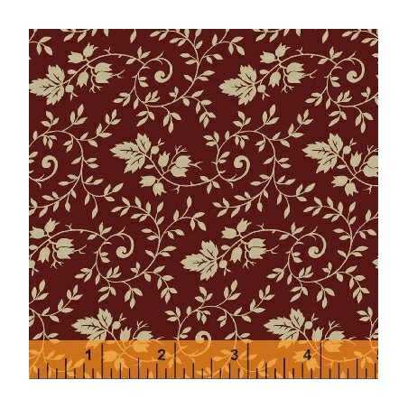 Storytellers Ivy Leaf Burgundy, Tessuto borgogna con foglie e swirl di rametti - Nancy Gere Windham Fabrics - 1