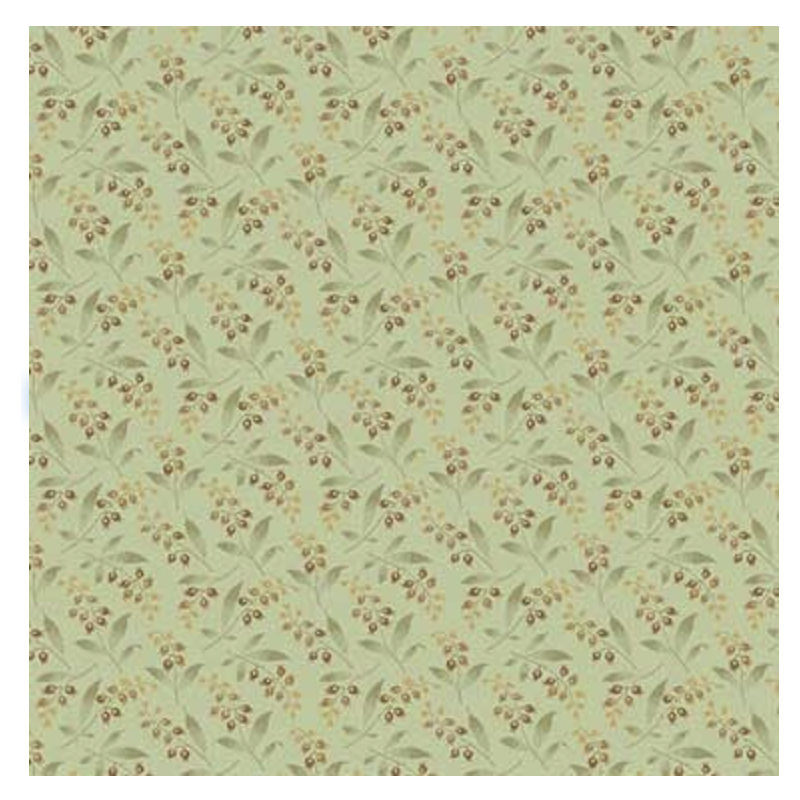 Andover Fabrics, Lily of the Valley Mint, Collezione Bed of Rosesdi Edyta Sitar - Tessuto Verde Menta con rametti fioriti Andove