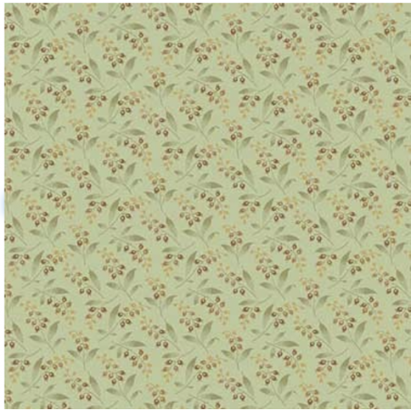 Andover Fabrics, Lily of the Valley Mint, Collezione Bed of Rosesdi Edyta Sitar - Tessuto Verde Menta con rametti fioriti Andove