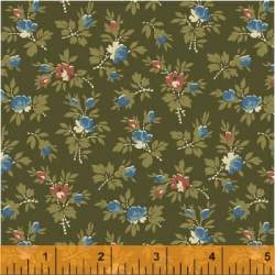 Windham Fabrics, Olive Remnant, Collezione Storytellers di Nancy Gere - Tessuto Verde con piccole rose rosse e blu Windham Fabri