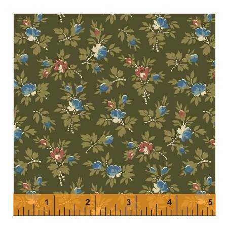 Windham Fabrics, Olive Remnant, Collezione Storytellers di Nancy Gere - Tessuto Verde con piccole rose rosse e blu Windham Fabri