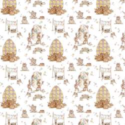 Easter Patchwork, Stoffa al Villaggio Patchwork su Tessuto Bianco con Topini e Coniglietti Amabilmente Vero - 1