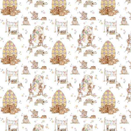 Easter Patchwork, Stoffa al Villaggio Patchwork su Tessuto Bianco con Topini e Coniglietti Amabilmente Vero - 1