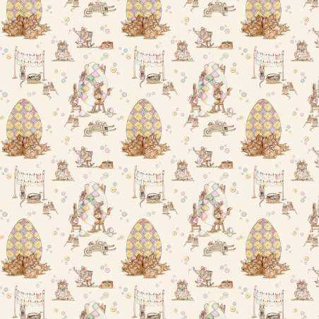 Easter Patchwork, Stoffa al Villaggio Patchwork su Tessuto Crema con Topini e Coniglietti Amabilmente Vero - 1