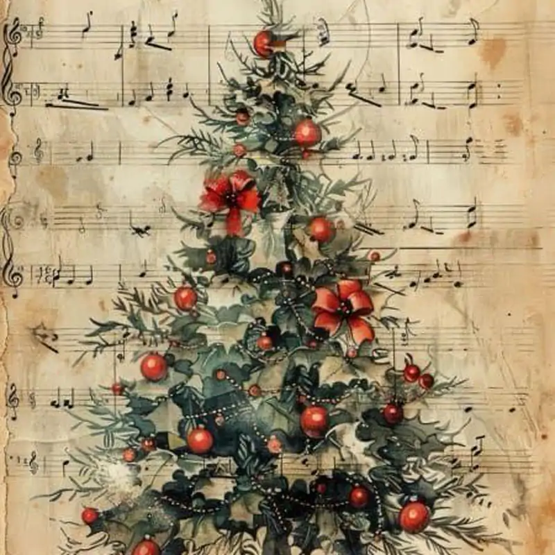 FESTA DI NATALE albero di natale con palline rosse su sfondo pentagramma vintage